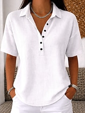  חולצת טוניקה עם כפתורים לנשים עם דפוס וופל צבע אחיד עיצוב רטרו קלאסי עם שרוול קצר וכהי צוואר רגיל יומיומית לבן ורוד כחול בהיר קיץ אביב