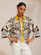 abordables Chemises et blouses-Chemise vintage en satin soyeux à manches dolman et bijoux léopard