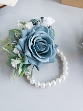 abordables Mariage ACC-Ensemble boutonnière et bracelet de mariée pour homme, en polyester bleu clair à motif floral artificiel, idéal pour les mariés, les bals de fin d'année, les fêtes et les soirées formelles.