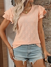 baratos Blusas Elegantes-Mulheres Camisa Social Topo de ilhó Blusa Patchwork Tecido à moda Clássico Moderno Manga Curta Decote V Tops regulares Diário Feriado Para Noite Preto Azul Céu Roxo Claro Laranja Verde Verão Primavera