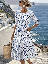 ieftine Rochii casual florale-Pentru femei Rochii Midi Rochie de schimb Vacanță Casual Boho Zilnic Rochie de vară Rochie de primăvară Fit regulat Floral Grafic Lungime Manșon 3/4 Stil Nautic Albastru piscină Alb Verde Deschis