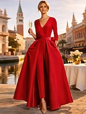 ieftine Rochii de seară pentru bal-Două Piese Salopeta Lungime Podea Detașabil Rochii de seara Elegant Manșon Lung În V Nuntă Invitat la nunta Buzunar Țesătură întinsă cu Fluture