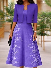 baratos Vestido Floral-Mulheres conjunto de vestido Vestido midi Vestido A Line Elegante Casual Floral Gráfico Imprimir Vestido midi Meia Manga Decote V Diário Azul Vermelho Roxo Verão Primavera Normal