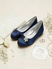 baratos Mãe da Noiva/Namorado-Sapatos de casamento para a mãe da noiva/do noivo, sapatilhas de cetim azul-marinho para mulheres, sapatos de casamento de salto baixo com detalhes em strass, sapatos de festa confortáveis.