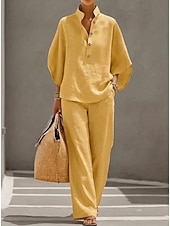 baratos Conjuntos Co-ord Falsos Essenciais-Mulheres Conjuntos de linho de algodão Manga 3/4 Colarinho Chinês Côr Sólida Diário Angustiado Casual Diário Preto Amarelo Vinho Verão Ajuste Largo