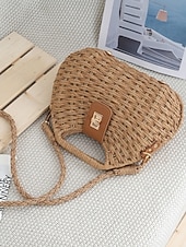 billiga Rese- och semesterväskor-Damväska i vävd stråaxelrem, beige och khakifärger, lätt sommarväska med justerbar rem, bohemisk chic-stil, perfekt för semester, resor och vardagsbruk