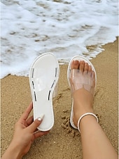 billiga Kvinnor-Färgglada gula strandtofflor för kvinnor - eleganta platta sandaler i genomskinlig PVC med H-remmar för tropiska semestrar och öresor &amp;sommarkläder vid poolen