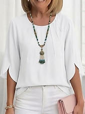  Dames Blouse Chiffon-topjes Met ruches Effen Klassiek Modern Casual Halve mouw Strakke ronde hals Normale tops Dagelijks Buiten Feestdagen Zwart Wit Lichtgroen Smaragdgroen Rose Roze Zomer Lente