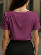 Χαμηλού Κόστους Απλή μπλούζα-Γυναικεία Μπλούζα Συμπαγές Χρώμα Κομψό Στυλάτο Βασικό Κοντομάνικο Λαιμόκοψη V Κανονικά μπλουζάκια Καθημερινά Μαύρο Λευκό Κρασί Φούξια Πράσινο του τριφυλλιού Καλοκαίρι Άνοιξη