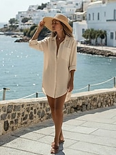 cheap Dresses-Women's Mini Dress Faux Cotton Linen Shirt Dress Fashion Modern Daily Outdoor Vacation Loose Fit Plain Long Sleeve Shirt Collar White Light Green Pink Apricot Summer Spring