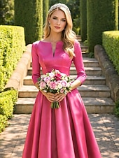 preiswerte Cocktailkleider-A-Linie Tee-Länge Cocktailkleider Partykleider Elegant Minimalistisch Dreiviertelarm Juwelenhals Hochzeitsgast Partykleidung Herbsthochzeitsgast Satin mit Falten