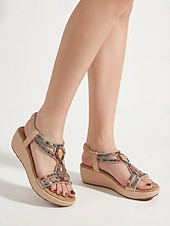 Недорогие Сандалии на танкетке-Женские богемные сандалии с цветочным принтом и Т-образным ремешком — удобные черные прогулочные туфли с красочными объемными цветочными акцентами и эластичным задним ремешком для отдыха на природе, летних фестивалей и поездок на пляж.