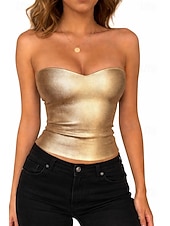 cheap Plain Tank-Women's Slim fit top Faux Leather Tank Tunic Backless Elegant Stylish Hot Sleeveless Bandeau Crop Tops Going out Party Outfits Date Night Outfits Gold Summer Spring