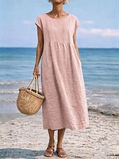 preiswerte Wesentliche Falsche Kleider-Damen Midikleid A Linie Kleid Sommerkleid Lässig Täglich Lässiger Schnitt Einfach Kurzarm Rundhalsausschnitt Blau Schwarz Weiß Rosa Sommer Frühling