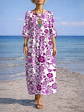 abordables Robes fleuries-Robe longue maxi femme à fleurs bleues et blanches, style vacances, robe droite décontractée, idéale pour la plage ou les sorties. Motif floral, manches 3/4, col rond, bleu, rouge, violet, vert.