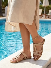 economico Women-Women's Chic Nude Snake Print Flat Sandals - Strappy Boho Slide Sandals with Interlocking Knot Design for Poolside Vacations, Summer Beach Travel &amp; Resort Wear