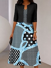 ieftine Rochie cu dungi și geometrică-Pentru femei Set de rochii Rochie Midi Rochie A line Elegant Casual Grafic Geometric Imprimeu Rochii Midi Manșon Jumate În V Zilnic Albastru piscină Negru Roșu-aprins Vară Primăvară Fit regulat