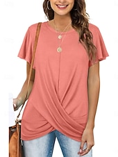 baratos Camiseta lisa-Mulheres Camiseta T-shirt Franzido Tecido Moda à moda Clássico Manga Curta Gola Redonda Tops regulares Diário Para Noite Final de semana Azul Preto Branco Rosa Vinho Verão Primavera