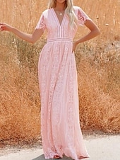 cheap White Lace Dresses-Women's Maxi Dress White Lace Dress Elegant Fashion Modern Outdoor Vacation Going out Regular Fit Plain Short Sleeve V Neck White Summer Spring