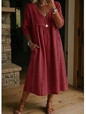  Femmes Robe Midi Robes effet lin Robe d'Été Robe trapèze Robe d'été Vacances Fête Basique Quotidien Bureau Plage Coupe Ample Uni Demi Manches Col en V Bleu Ciel Noir Olive verte Jaune Été Printemps