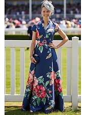 economico Lunghezza del pavimento-Linea ad A Lunghezza al pavimento Abito da invitata a nozze Abito Formale Abito Derby Abito da cerimonia per signora Manica Corta Scollo a V Regina Anna Elegante Formale Ferie Derby del Kentucky Raso