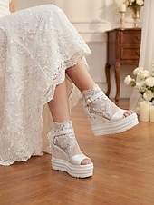 tanie Panna młoda-damskie białe koturny na platformie z odkrytymi palcami – stylowe buty ślubne na miejskie wesela