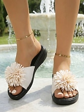 ieftine Sandale tip slide-Sandale galbene plate pentru femei – sandale cu imprimeu floral pentru ieșiri casual, petreceri în grădină și vacanțe de vară