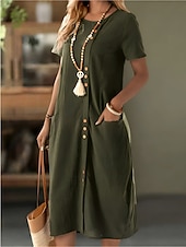voordelige Jurken-Dames Halflange jurk Jurken met linnenlook Hemdjurk Zomerjurk Casual Dagelijks Normale pasvorm Effen Korte mouw Strakke ronde hals Marine Zwart Wit Leger Groen Zomer Lente Herfst