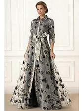 billige Gulvlengde-A-linje Gulvlengde Skjortekjole Gjestekjole til bryllup Formell kjole Kjole til brudens mor 3/4 ermer Skjortekrage Elegant Enkel Formell Organza Jacquard med Sløyfe(r)