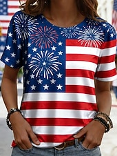  Dia da Independência Americana Mulheres Camiseta T-shirt Imprimir Gráfico Bandeira à moda Clássico Casual Manga Curta Gola Redonda Tops regulares Diário Para Noite Final de semana Azul Azul Real
