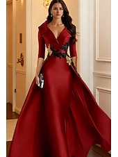 cheap Ball Gown Evening Dresses-A-Line Floor Length Evening Gown Elegant 3/4 Length Sleeve Shirt Collar Formal Satin with Appliques