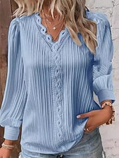 voordelige Kant Tops-Women's Lace Shirt Blouse Lace Patchwork Solid Color Stylish Casual Long Sleeve V Neck Regular Tops Daily Blue Black White Yellow Red Spring Fall