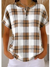 economico T-shirt a righe e geometrico-Maglietta Waffle da donna maglie a maglia testurizzata color block grafica geometrica astratta elegante classica manica corta girocollo standard casual fine settimana marrone chiaro khaki arcobaleno