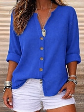  Camisa Waffle de Mujer Elegante Vacaciones Diarias Cuello en V Largos Tops Diarios Playa de Verano Primavera Azul Amarillo Naranja