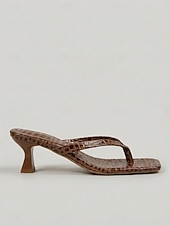 cheap Women-Women's Elegant Brown Croc-Embossed Kitten Heel Sandals - Chic Square Toe Thong Mules for Luxury Hotel Vacations, Poolside Lounging &amp; Summer Resort Dining