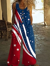 preiswerte Unabhängigkeitstag Hosen-Damen-Overall zum Unabhängigkeitstag, ärmellos, mit weitem Bein, Rundhalsausschnitt und Patchwork-Muster, locker geschnitten, blau, Sommer.
