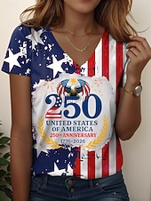  Amerikanischer Unabhängigkeitstag Damen T Shirt Druck Grafik Flagge Vintage Stilvoll Lässig Kurzarm V Ausschnitt Normale Oberteile Täglich Blau Weiß Rote Sommer Frühling