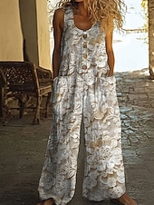 cheap Art&amp;Design Jumpsuit-Women's Jumpsuit Active Floral Sleeveless U Neck Pocket Buttons Daily Vacation Loose Fit Khaki Gray Summer