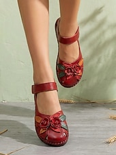 olcso Női lapos sarkú cipők-női bézs színű, valódi bőr Mary Jane szandál - vintage virágmintás, marhabőrből készült kényelmes cipő hétköznapi sétákhoz &amp;utazás