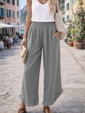 Mulheres Calças de linho de algodão Perna larga chinês Férias Roupa de rua Básico Comprimento total Cintura Média Tecido Bolsos Cintura elástica Confortável Respirável Sem Elasticidade Diário Ao ar