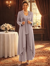 economico Tailleur pantalone della mamma-Tuta Completo Pantalone Tre Pezzi Lunghezza al pavimento Abito da cerimonia per signora Senza Maniche Scollo a V Elegante Festa Formale Ospite di nozze Pizzo Misto Lino-Cotone Abiti con Giacca con