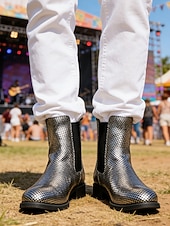 voordelige Heren-Metallic zilveren Chelsea boots voor heren met spitse neus, modieuze enkellaarsjes voor muziekfestivals, podiumoptredens, concerten, feestjes, streetstyle en opvallende mode-looks.