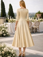 preiswerte Cocktailkleider-A-Linie Tee-Länge Cocktailkleider Partykleider Elegant Vintage Übergröße Dreiviertelarm V Ausschnitt Hochzeitsgast Satin mit Falten