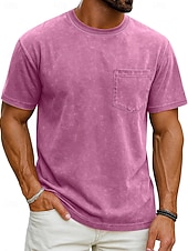 billiga grundläggande t-shirts-Herr T-shirt Tvätta skjorta i 100 % bomull Kortärmad Rund hals Sommar Vår Alla årstider Ensfärgat Elegant Vintage Neutral Ficka Färgade plagg Bedrövad Ledigt Hem Utomhus Svart Rosa Brun Topp t-shirt