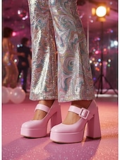 abordables Estilo Disco y Hippie de los años 70-Tacones de plataforma rosas para mujer con correa de hebilla: estilo retro chic para San Valentín, fiestas y ocasiones especiales.