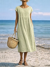 preiswerte Wesentliche Falsche Kleider-Damen Midikleid A Linie Kleid Sommerkleid Lässig Täglich Lässiger Schnitt Einfach Kurzarm Rundhalsausschnitt Blau Schwarz Weiß Rosa Sommer Frühling