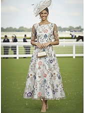 billige Ankellengde-A-linje Kjoler Ankellengde Cocktail Kjole Gjestekjole til bryllup Kjole til brudens mor Halvlange ermer V-hals Elegant Fritid Formell Bryllupsgjest Kentucky Derby Chiffon Tyll med Blomstertrykk