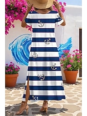 voordelige Gestreepte &amp; Geometrische Jurken-Dames Halflange jurk A lijn jurk Vakantie Casual Strandstijl Dagelijks Strand Feestdagen Ruim Passend Geometrisch Gestreept Korte mouw V-hals blauw Rood Groen Zomer Lente
