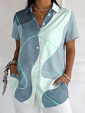 preiswerte Kunst &amp; Design Blusen-Damen Hemd Knöpfe Druck Grafik Geometrisch Vintage Stilvoll Modern Kurzarm Hemdkragen Lange Oberteile Täglich Blau Rosa Purpur Grün Sommer Frühling