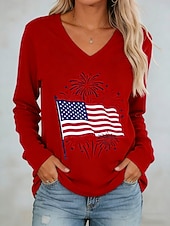  día de la independencia americana Mujer Camiseta Camiseta superior Estampado Graphic Bandera estadounidense Elegante Clásico Casual Manga Larga Escote en Pico Tops regulares Diario Noche Fin de semana